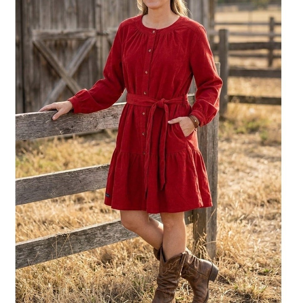 Simply Southern Womens XL Red Corduroy Tiered Belted Button Front Shirt Dress